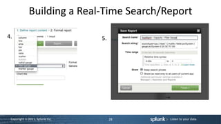 Building a Real-Time Search/Report

4.                               5.




 Copyright © 2011, Splunk Inc.        28   Listen to your data.
 