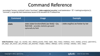 Command Reference
 sourcetype="access_combined" action="purchase” | stats avg(price) as price | eval basketvalue = "$" + tostring(round(price,2),
 "commas") | rangemap field=basketvalue severe=0-50 elevated=50-75 default=low


               Command                                        Usage                                                Example

          stats                      stats (stats-function(field) [as field]) + [by               | stats avg(foo) as foobar by bar
                                     field-list] – provides statistics grouped
                                     optionally by field




stats functions - avg() , c() , count() , dc() , distinct_count() , first() , last() , list() , max() , median() , min() , mode() , p<in>() , perc<int>() ,
per_day() , per_hour() , per_minute() , per_second() , range() , stdev() , stdevp() , sum() , sumsq() , values() , var() , varp()




    Copyright © 2011, Splunk Inc.                                            31                                           Listen to your data.
 