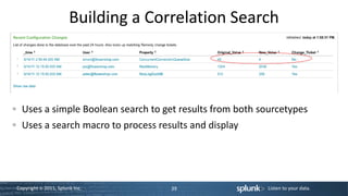 Building a Correlation Search



  Uses a simple Boolean search to get results from both sourcetypes
  Uses a search macro to process results and display




Copyright © 2011, Splunk Inc.        39                  Listen to your data.
 