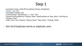 Step 1
   sourcetype=mysql_config OR sourcetype=remedy_changeticket
   | dedup _raw, User
   | transaction TicketId, User
   | eval hasTicket = if(eventcount > 1, "Yes", "No")
   | rename PrevPropValue as "Original_Value", NewPropValue as "New_Value", hasTicket as
   "Change_Ticket"
   | fields _time, User, Property, "Original_Value", "New_Value", "Change_Ticket"



   Get rid of duplicate events or duplicate users




Copyright © 2011, Splunk Inc.                     42                             Listen to your data.
 