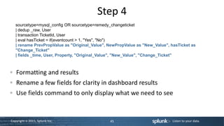 Step 4
   sourcetype=mysql_config OR sourcetype=remedy_changeticket
   | dedup _raw, User
   | transaction TicketId, User
   | eval hasTicket = if(eventcount > 1, "Yes", "No")
   | rename PrevPropValue as "Original_Value", NewPropValue as "New_Value", hasTicket as
   "Change_Ticket"
   | fields _time, User, Property, "Original_Value", "New_Value", "Change_Ticket"



   Formatting and results
   Rename a few fields for clarity in dashboard results
   Use fields command to only display what we need to see


Copyright © 2011, Splunk Inc.                  45                            Listen to your data.
 