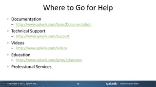 Where to Go for Help
   Documentation
   – http://www.splunk.com/base/Documentation
   Technical Support
   – http://www.splunk.com/support
   Videos
   – http://www.splunk.com/videos
   Education
   – http://www.splunk.com/goto/education
   Professional Services


Copyright © 2011, Splunk Inc.            48            Listen to your data.
 