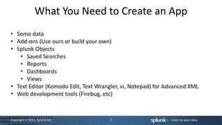 What You Need to Create an App
• Some data
• Add-ons (Use ours or build your own)
• Splunk Objects
   • Saved Searches
   • Reports
   • Dashboards
   • Views
• Text Editor (Komodo Edit, Text Wrangler, vi, Notepad) for Advanced XML
• Web development tools (Firebug, etc)



Copyright © 2011, Splunk Inc.         7                      Listen to your data.
 