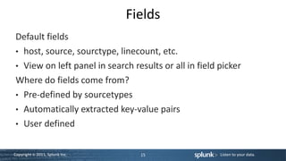 Fields
Default fields
• host, source, sourctype, linecount, etc.
• View on left panel in search results or all in field picker
Where do fields come from?
• Pre-defined by sourcetypes
• Automatically extracted key-value pairs
• User defined


Copyright © 2011, Splunk Inc.     15                   Listen to your data.
 