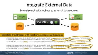 Integrate External Data
                           Extend search with lookups to external data sources.

                         LDAP, AD                                           Watch
                                                                             Lists



                       CMDB                                             CRM/ERP



Correlate IP addresses with locations, accounts with regions




   Copyright © 2011, Splunk Inc.                    34                      Listen to your data.
 