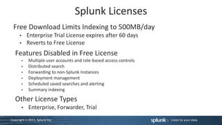 Splunk Licenses
 Free Download Limits Indexing to 500MB/day
           Enterprise Trial License expires after 60 days
           Reverts to Free License
   Features Disabled in Free License
            Multiple user accounts and role-based access controls
            Distributed search
            Forwarding to non-Splunk Instances
            Deployment management
            Scheduled saved searches and alerting
            Summary indexing

   Other License Types
            Enterprise, Forwarder, Trial
Copyright © 2011, Splunk Inc.                                       Listen to your data.
 