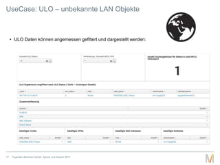 UseCase: ULO – unbekannte LAN Objekte
Flughafen München GmbH, Splunk Live Munich 201717
• ULO Daten können angemessen gefiltert und dargestellt werden:
 
