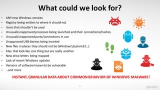 27
What	could	we	look	for?
• ANY	new	Windows	services
• Registry	being	written	to	where	it	should	not
• Users	that	shouldn’t	be	used
• Unusual/unapproved	processes	being	launched	and	their	connections/hashes
• Unusual/unapproved	ports/connections	in	use
• Unapproved	USB	devices	being	inserted
• New	files	in	places	they	should	not	be	(WindowsSystem32…)
• Files	that	look	like	one	thing	but	are	really	another
• New	drive	letters	being	mapped
• Lack	of	recent	Windows	updates
• Versions	of	software	known	to	be	vulnerable
• …and	more
INSTANT,	GRANULAR	DATA	ABOUT	COMMON	BEHAVIOR	OF	WINDOWS	MALWARE!
 