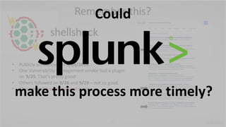 43
Remember	this?
shellshock
• Publicly	announced	on	9/24/2014.
• One	Vulnerability	Management	vendor	had	a	plugin	
on	9/25.	That’s	pretty	good!
• Others	followed	on	9/26	and	9/29 – not	so	good.
• These	require authenticated scans.	
make	this	process	more	timely?
Could
 