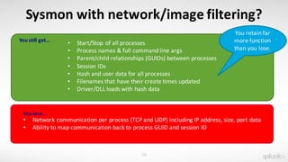 58
Sysmon with	network/image	filtering?
• Start/Stop	of	all	processes
• Process	names	&	full	command	line	args
• Parent/child	relationships	(GUIDs)	between	processes
• Session	IDs
• Hash	and	user	data	for	all	processes
• Filenames	that	have	their	create	times	updated
• Driver/DLL	loads	with	hash	data
• Network	communication	per	process	(TCP	and	UDP)	including	IP	address,	size,	port	data
• Ability	to	map	communication	back	to	process	GUID	and	session	ID
You	still	get…
You	lose…
You	retain	far	
more	function	
than	you	lose.
 