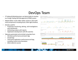 27
DevOps	Team
• IT	Trading	&	Marketing	team	use	Splunk	daily	to	monitor	
our	Energy	Trading	Risk	Management	(ETRM)	system
• Helped	deliver	multi-million	dollar	system	in	2015	with	
many	components	including	cloud	under	tight	timelines
• Actively	used	for	
– Production	monitoring,	alerting,	and	investigations	
with	dashboards
– A/B	testing	analysis	with	reports
– Application	development	with	SPL	searches
• Telemetry	generated	and	enriched	using	data	from
– Windows	performance	and	event	logs
– IIS	web	logs
– Third-party	application	performance	and	logs,	
including	custom	instrumentation
– Other	external	sources
 