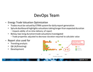 29
• Energy	Trade	Valuation	Optimization
• Trades	must	be	valued	by	ETRM	system	for	daily	report	generation
• Splunk	dashboard	highlights	valuations	taking	longer	than	expected	duration
• Impacts	ability	of	on-time	delivery	of	report
• Below,	two	long-duration	trade	valuations	investigated	
• Trade	properties	adjusted	to	decrease	duration	required	to	calculate	value
• Report	also	used	for	
• Trending	analysis	
• QA	(A/B	testing)
• Development
DevOps	Team
Long	duration	
valuation	outliers
 