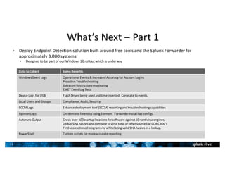 31
What’s	Next	– Part	1
• Deploy	Endpoint	Detection	solution	built	around	free	tools	and	the	Splunk	Forwarder	for	
approximately	3,000	systems
• Designed	to	be	part	of	our	Windows	10	rollout	which	is	underway
Data	to	Collect Some	Benefits
Windows	Event	Logs Operational Events	&	Increased	Accuracy	for	Account	Logins
Proactive	Troubleshooting
Software	Restrictions	monitoring
EMET Event	Log	Data
Device	Logs	for	USB Flash	Drives	being	used	and	time	inserted.		Correlate	to	events.
Local	Users	and	Groups Compliance,	Audit,	Security
SCCM	Logs Enhance	deployment	tool	(SCCM)	reporting	and	troubleshooting	capabilities
SysmonLogs On-demand	forensics	using	Sysmom.		Forwarder	install	has	configs.
Autoruns Output Check	over	100	startup	locations	for	software	against	50+	antivirus	engines.
Dedup SHA	hashes	and	compare	to	virus	total	or	other	source	like	CCIRC	IOC’s
Find	unsanctioned	programs	by	whitelisting	valid	SHA	hashes	in	a	lookup.
PowerShell Custom	scripts	for	more	accurate	reporting
 