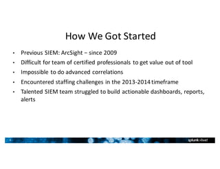 6
How	We	Got	Started
• Previous	SIEM:	ArcSight	−	since	2009	
• Difficult	for	team	of	certified	professionals	to	get	value	out	of	tool
• Impossible	to	do	advanced	correlations
• Encountered	staffing	challenges	in	the	2013-2014	timeframe
• Talented	SIEM	team	struggled	to	build	actionable	dashboards,	reports,	
alerts
 