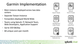 Garmin Implementation
Main instance deployed across two data
centers
Separate Taiwan Instance
Forwarders deployed World Wide
Teams using Splunk: IT, Network Team,
Web Developers, Application Support
Up to 150 GB/day
60 unique users per month
 