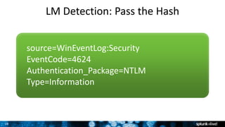28
LM Detection: Pass the Hash
source=WinEventLog:Security
EventCode=4624
Authentication_Package=NTLM
Type=Information
 