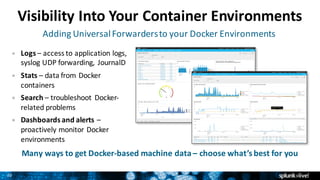 20
Visibility	Into	Your	Container	Environments
Many	ways	to	get	Docker-based	machine	data	– choose	what’s	best	for	you
Adding	Universal	Forwarders	to	your	Docker	Environments
Logs – access	to	application	logs,	
syslog	UDP	forwarding,	 JournalD	
Stats – data	from	Docker	
containers
Search – troubleshoot	 Docker-
related	problems
Dashboards	and	alerts	–
proactively	monitor	Docker	
environments
 
