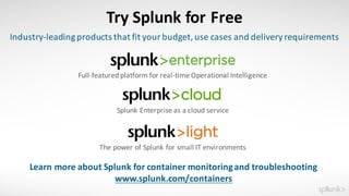 Try	Splunk	for	Free
Industry-leading	products	that	fit	your	budget,	use	cases	and	delivery	requirements
Full-featured	platform	for	real-time	Operational	Intelligence
Splunk	Enterprise	as	a	cloud	service
The	power	of	Splunk	for	small	IT	environments
Learn	more	about	Splunk	for	container	monitoring	and	troubleshooting
www.splunk.com/containers
 