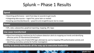 10
Splunk – Phase 1 Results
Speed
•Searching performance – went from days to seconds to get results
•Integrating data sources – ingest first, parse later as needed
•Creating searches/dashboards – powerful and straightforward, fast to create
Power
•SPL, stats, subsearches, graphical reporting, mapping, API, Apps
Use cases transformed
•Went from listing top machines by # of malware detection alerts to mapping out trends and identifying
effective points of intervention/remediation
•Went from seeing a list of failed VPN login attempts by user to mapping VPN authentication activity and
identifying anomalous activity for further investigation
Ability to demo dashboards all the way up to executive leadership
 