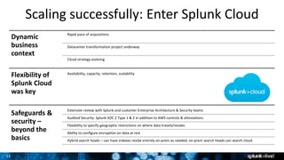 11
Scaling successfully: Enter Splunk Cloud
Dynamic
business
context
Rapid pace of acquisitions
Datacenter transformation project underway
Cloud strategy evolving
Flexibility of
Splunk Cloud
was key
Availability, capacity, retention, scalability
Safeguards &
security –
beyond the
basics
Extensive review with Splunk and customer Enterprise Architecture & Security teams
Audited Security: Splunk SOC 2 Type 1 & 2 in addition to AWS controls & attestations
Flexibility to specify geographic restrictions on where data travels/resides
Ability to configure encryption on data at rest
Hybrid search heads – can have indexes reside entirely on-prem as needed, on-prem search heads can search cloud
 