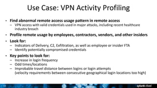 15
Use Case: VPN Activity Profiling
• Find abnormal remote access usage pattern in remote access
– VPN access with valid credentials used in major attacks, including recent healthcare
industry breach
• Profile remote usage by employees, contractors, vendors, and other insiders
• Look for:
– Indicators of Delivery, C2, Exfiltration, as well as employee or insider FTA
– Identify potentially compromised credentials
• Key points to look for:
– Increase in login frequency
– Odd times/locations
– Improbable travel distance between logins or login attempts
(velocity requirements between consecutive geographical login locations too high)
 
