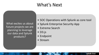 27
What’s Next
• SOC Operations with Splunk as core tool
• Splunk Enterprise Security App
• Extreme Search
• D3.js
• Endpoint
• Stream
What excites us about
future projects we are
planning to leverage
our data and Splunk
products?
 