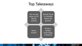 28
Top Takeaways
You can get
value out of
Splunk
quickly
Splunk Cloud
is a flexible
option for
growth
Basics
matter!
Process,
People,
Technology
in Balance
 