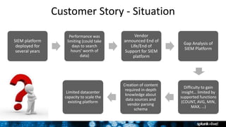 7
Customer Story - Situation
SIEM platform
deployed for
several years
Performance was
limiting (could take
days to search
hours’ worth of
data)
Vendor
announced End of
Life/End of
Support for SIEM
platform
Gap Analysis of
SIEM Platform
Difficulty to gain
insight… limited by
supported functions
(COUNT, AVG, MIN,
MAX, …)
Creation of content
required in-depth
knowledge about
data sources and
vendor parsing
schema
Limited datacenter
capacity to scale the
existing platform
 