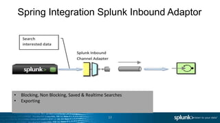 Spring Integration Splunk Inbound Adaptor




•   Blocking, Non Blocking, Saved & Realtime Searches
•   Exporting


                                              13
 
