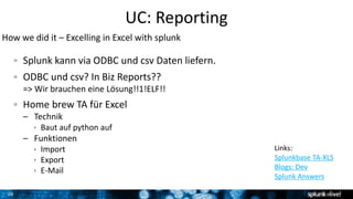 26
UC: Reporting
How we did it – Excelling in Excel with splunk
Splunk kann via ODBC und csv Daten liefern.
ODBC und csv? In Biz Reports??
=> Wir brauchen eine Lösung!!1!ELF!!
Home brew TA für Excel
– Technik
 Baut auf python auf
– Funktionen
 Import
 Export
 E-Mail
Links:
Splunkbase TA-XLS
Blogs: Dev
Splunk Answers
 