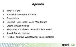 Agenda
What is Hunk?
2. Powerful Developer Platform
3. Preparation
4. Connect Hunk to HDFS and MapReduce
5. Create Virtual Indexes
6. MapReduce as the Orchestration Framework
7. Search Data in Hadoop
8. Flexible, Iterative Workflow for Business Users
1.

2

 