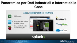 3
Panoramica per Dati Industriali e Internet delle
Cose
• DBConnect
• REST API and SNMP
Modular Inputs
• Universal Forwarder
for Raspberry Pi
Apps, caratteristiche e Partners
REST
 
