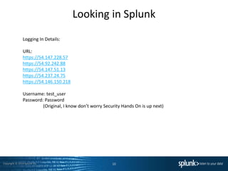 Copyright © 2014 Splunk Inc.
Looking in Splunk
10
Logging In Details:
URL:
https://54.147.228.57
https://54.92.242.88
https://54.147.51.13
https://54.237.24.75
https://54.146.150.218
Username: test_user
Password: Password
(Original, I know don’t worry Security Hands On is up next)
 