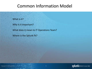 Copyright © 2014 Splunk Inc.
Common Information Model
What is it?
Why Is it Important?
What does it mean to IT Operations Team?
Where is the Splunk fit?
5
 