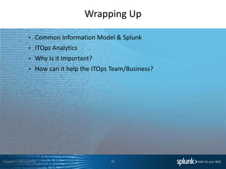 Copyright © 2014 Splunk Inc.
Wrapping Up
31
• Common Information Model & Splunk
• ITOps Analytics
• Why Is it Important?
• How can it help the ITOps Team/Business?
 