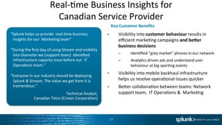 Real-­‐Ime	
  Business	
  Insights	
  for	
  	
  
Canadian	
  Service	
  Provider	
  
Technical	
  Analyst,	
  
Canadian	
  Telco	
  (Crown	
  CorporaIon)	
  	
  	
  
	
  
“Splunk	
  helps	
  us	
  provide	
  	
  real-­‐Ime	
  business	
  
insights	
  for	
  our	
  	
  MarkeIng	
  team”	
  
	
  
“During	
  the	
  ﬁrst	
  day	
  of	
  using	
  Stream	
  and	
  visibility	
  
into	
  Diameter	
  we	
  (support	
  team)	
  	
  idenIﬁed	
  
infrastructure	
  capacity	
  issue	
  before	
  our	
  	
  IT	
  
OperaIons	
  team.”	
  
	
  
“Everyone	
  in	
  our	
  industry	
  should	
  be	
  deploying	
  
Splunk	
  &	
  Stream.	
  The	
  value	
  we	
  get	
  from	
  it	
  is	
  
tremendous.”	
  
	
  
•  Visibility	
  into	
  customer	
  behaviour	
  results	
  in	
  
eﬃcient	
  markeIng	
  campaigns	
  and	
  be^er	
  	
  
business	
  decisions	
  
–  IdenIﬁed	
  “grey	
  market”	
  phones	
  in	
  our	
  network	
  
–  AnalyIcs	
  driven	
  ads	
  and	
  understand	
  user	
  
behaviour	
  at	
  big	
  sporIng	
  events	
  
•  Visibility	
  into	
  mobile	
  backhaul	
  infrastructure	
  
helps	
  us	
  resolve	
  operaIonal	
  issues	
  quicker	
  	
  
•  Beder	
  collaboraIon	
  between	
  teams:	
  Network	
  
support	
  team,	
  	
  IT	
  OperaIons	
  &	
  	
  MarkeIng	
  
Key	
  Customer	
  Beneﬁts	
  	
  
13	
  
 
