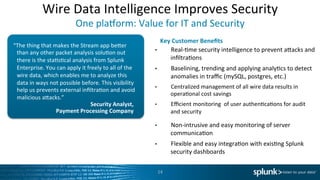 Wire	
  Data	
  Intelligence	
  Improves	
  Security	
  
One	
  plaqorm:	
  Value	
  for	
  IT	
  and	
  Security	
  
Security	
  Analyst,	
  
Payment	
  Processing	
  Company	
  	
  
“The	
  thing	
  that	
  makes	
  the	
  Stream	
  app	
  beder	
  
than	
  any	
  other	
  packet	
  analysis	
  soluIon	
  out	
  
there	
  is	
  the	
  staIsIcal	
  analysis	
  from	
  Splunk	
  
Enterprise.	
  You	
  can	
  apply	
  it	
  freely	
  to	
  all	
  of	
  the	
  
wire	
  data,	
  which	
  enables	
  me	
  to	
  analyze	
  this	
  
data	
  in	
  ways	
  not	
  possible	
  before.	
  This	
  visibility	
  
help	
  us	
  prevents	
  external	
  inﬁltraIon	
  and	
  avoid	
  
malicious	
  adacks.”	
  	
  
•  Real-­‐Ime	
  security	
  intelligence	
  to	
  prevent	
  adacks	
  and	
  
inﬁltraIons	
  
•  Baselining,	
  trending	
  and	
  applying	
  analyIcs	
  to	
  detect	
  
anomalies	
  in	
  traﬃc	
  (mySQL,	
  postgres,	
  etc.)	
  
•  Centralized	
  management	
  of	
  all	
  wire	
  data	
  results	
  in	
  
operaIonal	
  cost	
  savings	
  
•  Eﬃcient	
  monitoring	
  	
  of	
  user	
  authenIcaIons	
  for	
  audit	
  
and	
  security	
  
	
  
	
  
Key	
  Customer	
  Beneﬁts	
  	
  
•  Non-­‐intrusive	
  and	
  easy	
  monitoring	
  of	
  server	
  
communicaIon	
  	
  
•  Flexible	
  and	
  easy	
  integraIon	
  with	
  exisIng	
  Splunk	
  
security	
  dashboards	
  
14	
  
 