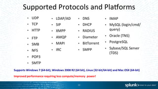 Supported	
  Protocols	
  and	
  Plaqorms	
  
	
  •  UDP	
  
•  TCP	
  
•  HTTP	
  
•  IMAP	
  
•  MySQL	
  (login/cmd/
query)	
  
•  Oracle	
  (TNS)	
  
•  PostgreSQL	
  
•  Sybase/SQL	
  Server	
  
(TDS)	
  	
  
•  FTP	
  
•  SMB	
  
•  NFS	
  
•  POP3	
  
•  SMTP	
  
•  LDAP/AD	
  
•  SIP	
  
•  XMPP	
  
•  AMQP	
  
•  MAPI	
  
•  IRC	
  
Supports	
  Windows	
  7	
  (64-­‐bit),	
  Windows	
  2008	
  R2	
  (64	
  bit),	
  Linux	
  (32-­‐bit/64-­‐bit)	
  and	
  Mac	
  OSX	
  (64-­‐bit)	
  
•  DNS	
  
•  DHCP	
  
•  RADIUS	
  
•  Diameter	
  
•  BitTorrent	
  
•  SMPP	
  
16	
  
Improved	
  performance	
  requiring	
  less	
  compute/memory	
  	
  power!	
  	
  
 