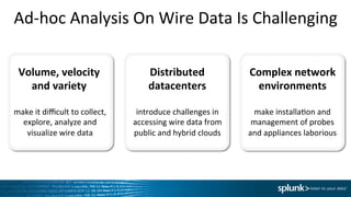 Ad-­‐hoc	
  Analysis	
  On	
  Wire	
  Data	
  Is	
  Challenging	
  
Volume,	
  velocity	
  
and	
  variety	
  
make	
  it	
  diﬃcult	
  to	
  collect,	
  
explore,	
  analyze	
  and	
  
visualize	
  wire	
  data	
  
Distributed	
  
datacenters	
  
introduce	
  challenges	
  in	
  
accessing	
  wire	
  data	
  from	
  
public	
  and	
  hybrid	
  clouds	
  
Complex	
  network	
  
environments	
  
make	
  installaIon	
  and	
  
management	
  of	
  probes	
  
and	
  appliances	
  laborious	
  
 