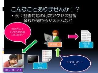 こんなことありませんか！？
 例：監査対応の月次アクセス監視
金銭が関わるシステムなど
報告書
提出
ログ
「grep」
鈴木さん！
いつものお願
いします♡
出来ました～！
^^;
はい、は～い！
事務職♡
 