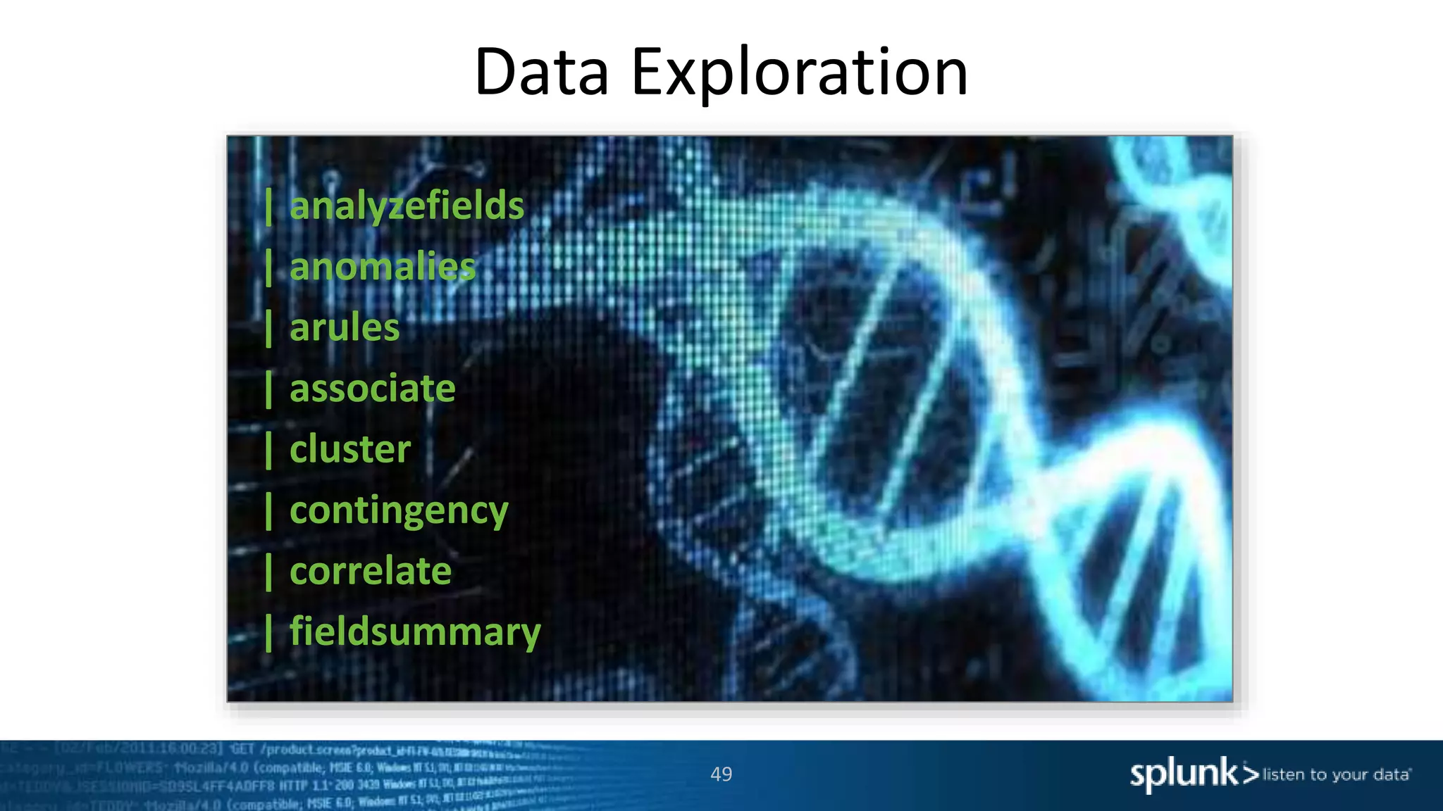 Data Exploration
| analyzefields
| anomalies
| arules
| associate
| cluster
| contingency
| correlate
| fieldsummary
49
 