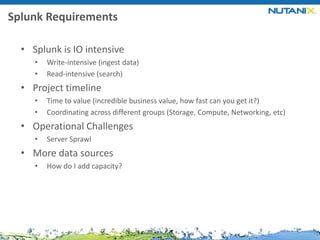 Splunk Requirements
• Splunk is IO intensive
•
•

Write-intensive (ingest data)
Read-intensive (search)

• Project timeline
•
•

Time to value (incredible business value, how fast can you get it?)
Coordinating across different groups (Storage, Compute, Networking, etc)

• Operational Challenges
•

Server Sprawl

• More data sources
•

How do I add capacity?

 