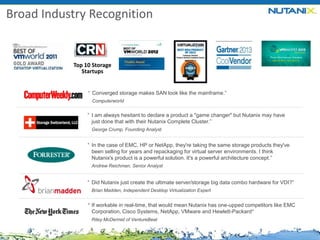 Broad Industry Recognition

Top 10 Storage
Startups
“ Converged storage makes SAN look like the mainframe.”
Computerworld

“ I am always hesitant to declare a product a "game changer" but Nutanix may have
just done that with their Nutanix Complete Cluster.”
George Crump, Founding Analyst

“ In the case of EMC, HP or NetApp, they're taking the same storage products they've
been selling for years and repackaging for virtual server environments. I think
Nutanix's product is a powerful solution. It's a powerful architecture concept.”
Andrew Reichman, Senior Analyst

“ Did Nutanix just create the ultimate server/storage big data combo hardware for VDI?”
Brian Madden, Independent Desktop Virtualization Expert

“ If workable in real-time, that would mean Nutanix has one-upped competitors like EMC
Corporation, Cisco Systems, NetApp, VMware and Hewlett-Packard”
Riley McDermid of VentureBeat

 