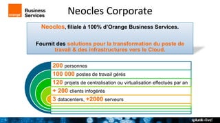 3
Neocles Corporate
Neocles, filiale à 100% d’Orange Business Services.
Fournit des solutions pour la transformation du poste de
travail & des infrastructures vers le Cloud.
200 personnes
100 000 postes de travail gérés
120 projets de centralisation ou virtualisation effectués par an
+ 200 clients infogérés
3 datacenters, +2000 serveurs
 