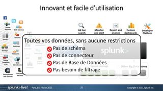 Innovant et facile d’utilisation

                                            Ad hoc   Monitor     Report and   Custom         Developer
                                            search   and alert    analyze   dashboards        Platform


Toutes vos données, sans aucune restrictions
                              Pas de schéma
                               Data collection
                                and indexing
                              Pas de connecteur
                              Pas de Base de Données
                                                Splunk storage           Other Big Data stores
                              Pas besoin de filtrage


   Paris, le 7 Février 2013                  20                               Copyright © 2011, Splunk Inc.
 