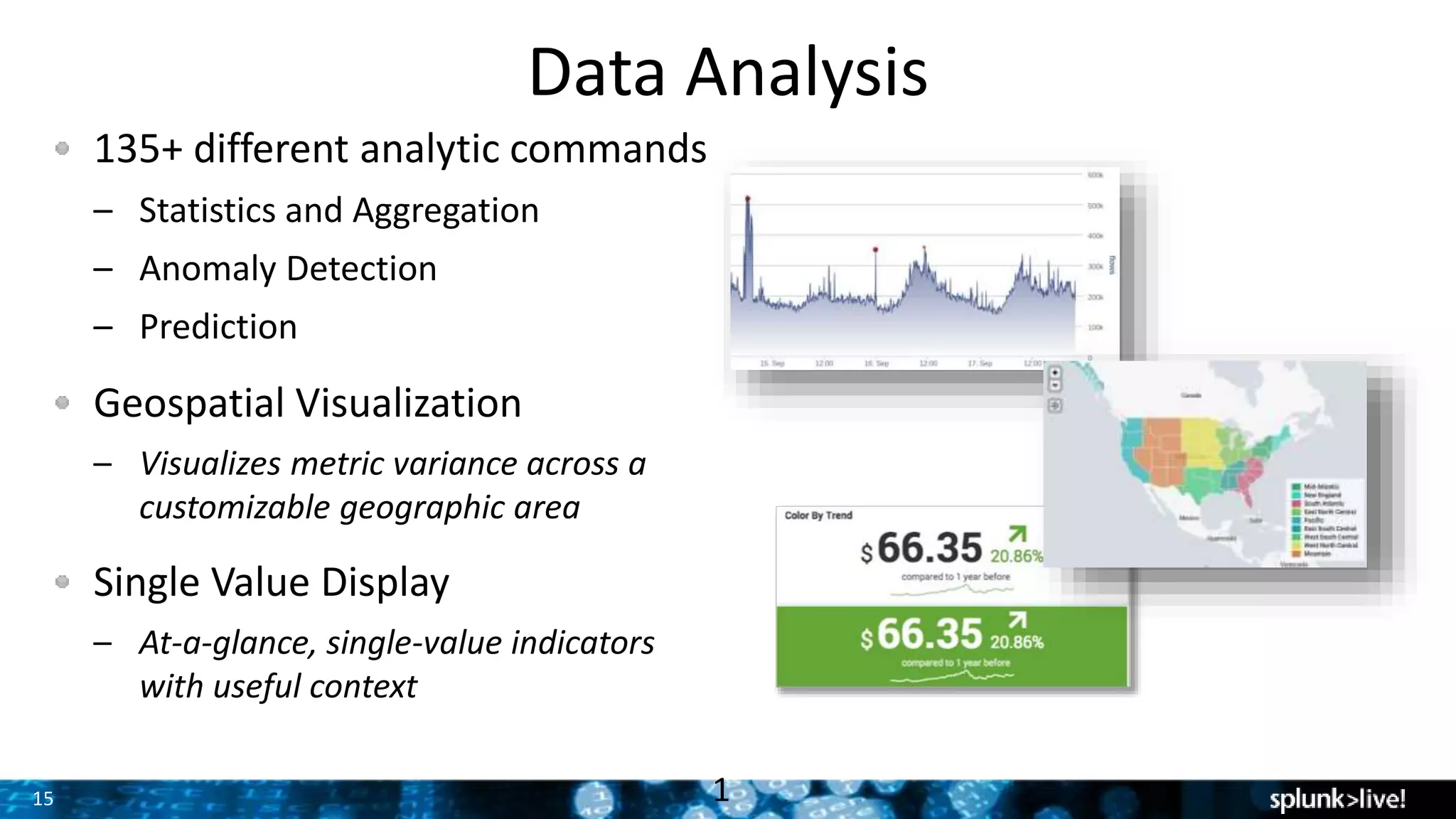 15
Data Analysis
135+ different analytic commands
– Statistics and Aggregation
– Anomaly Detection
– Prediction
Geospatial Visualization
– Visualizes metric variance across a
customizable geographic area
Single Value Display
– At-a-glance, single-value indicators
with useful context
1
 