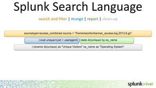 Splunk Search Language
search and filter | munge | report | clean-up
sourcetype=access_combined source = "/home/ssorkin/banner_access.log.2013.6.gz"
| eval unique=(uid + useragent) | stats dc(unique) by os_name
| rename dc(unique) as "Unique Visitors" os_name as "Operating System"

 