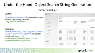 Under the Hood: Object Search String Generation
Transaction Object
Syntax:
<objects to group search> | transaction <group
by fields> <group by params>
| <my attribute definitions>

Example:
sourcetype=access_* uri=* uri_path=* status=*
clientip=* referer=* useragent=* | transaction
clientip useragent | eval
landingpage=mvindex(uri_path,1) | eval
exitpage=mvindex(uri_path,-1)

 