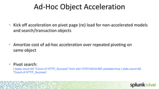Ad-Hoc Object Acceleration
Kick off acceleration on pivot page (re) load for non-accelerated models
and search/transaction objects
Amortize cost of ad-hoc acceleration over repeated pivoting on
same object
Pivot search:
| tstats count AS "Count of HTTP_Success" from sid=1379116434.663 prestats=true | stats count AS
"Count of HTTP_Success”

 