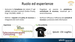 5
Ruolo ed esperienze
Assicurare la Compliance dei sistemi IT agli
obblighi normativi nazionali (Codice Privacy,
D.Lgs. 231/2001, AAMS … )
Definire i requisiti e le policy di sicurezza a
mitigazione dei rischi residui
Splunk> CSI: Logfiles.
Tag line preferitaEsperienze
Progettare ed esercire le piattaforme
centralizzate di sicurezza, trasversali per i
servizi di business
Verificare l’efficacia e l’efficienza dei controlli di
sicurezza a protezione delle informazioni
 